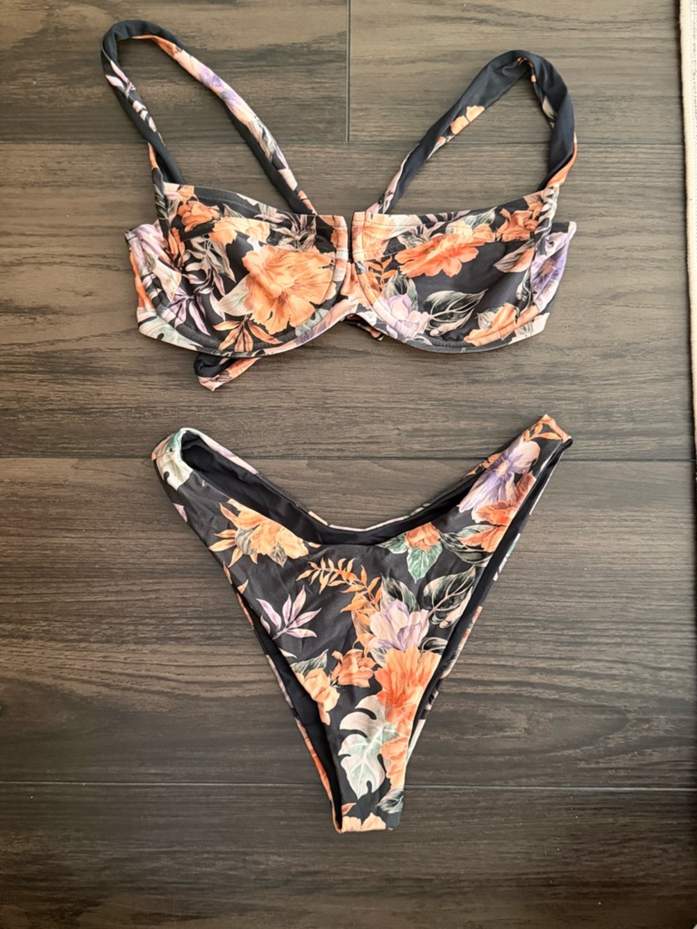 l*space Floral Underwire Bikini Set in Black with Orange & Purple Flowers